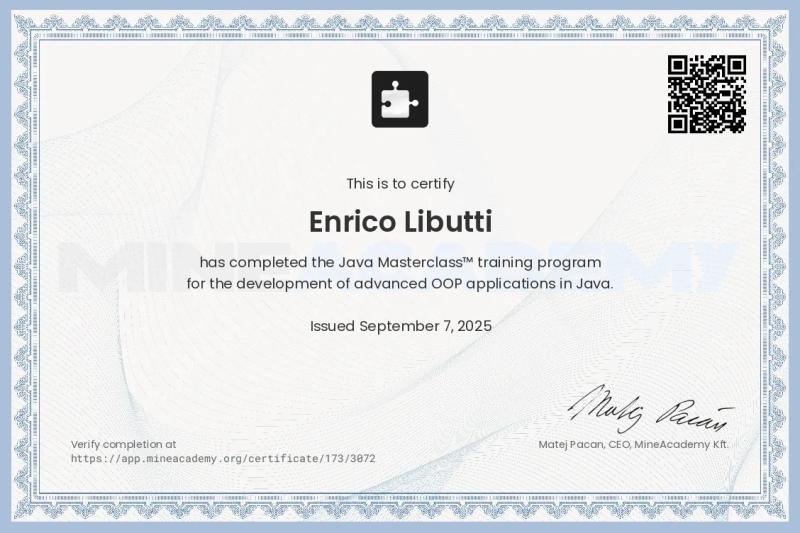 Certificato Java Masterclass di Enrico Libutti da MineAcademy - Formazione avanzata in programmazione Java OOP